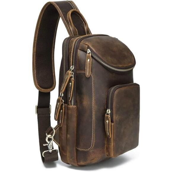 Vintage Full Grain Leather Sling Bag Crossbody Chest Daypack